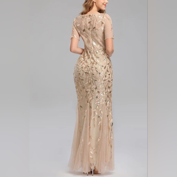 XUCTHHC Gold & Champagne Leaf Sequin Godet Gown - Picture 4 of 14